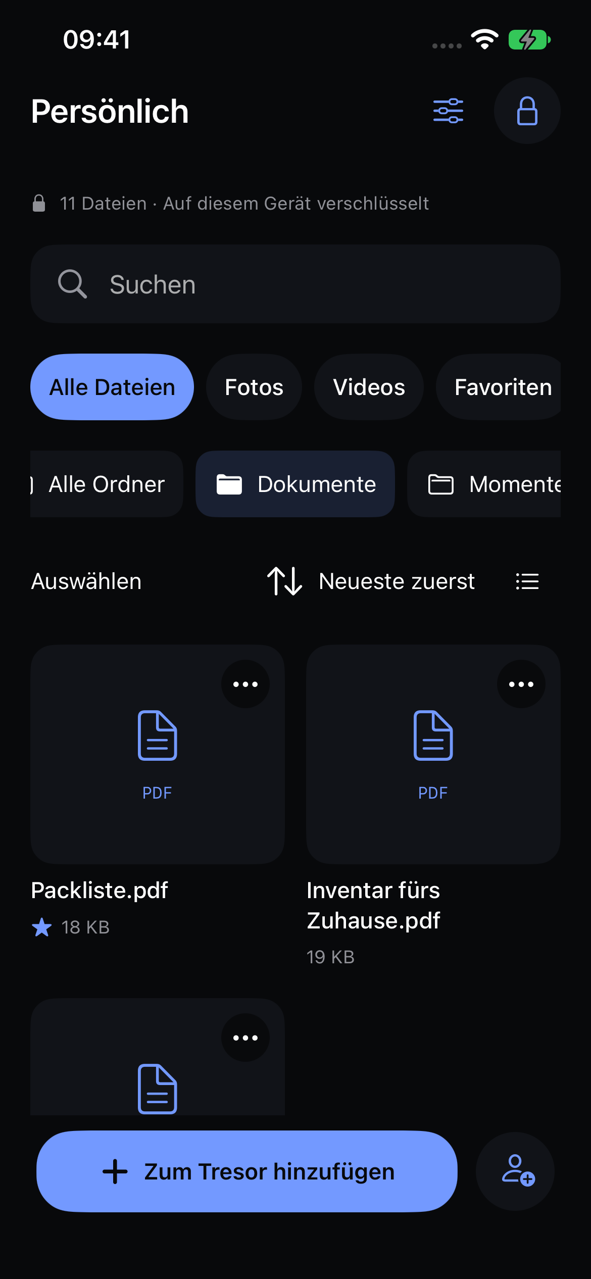 Der native Dokumentenordner von Veil mit Beispiel-PDFs.