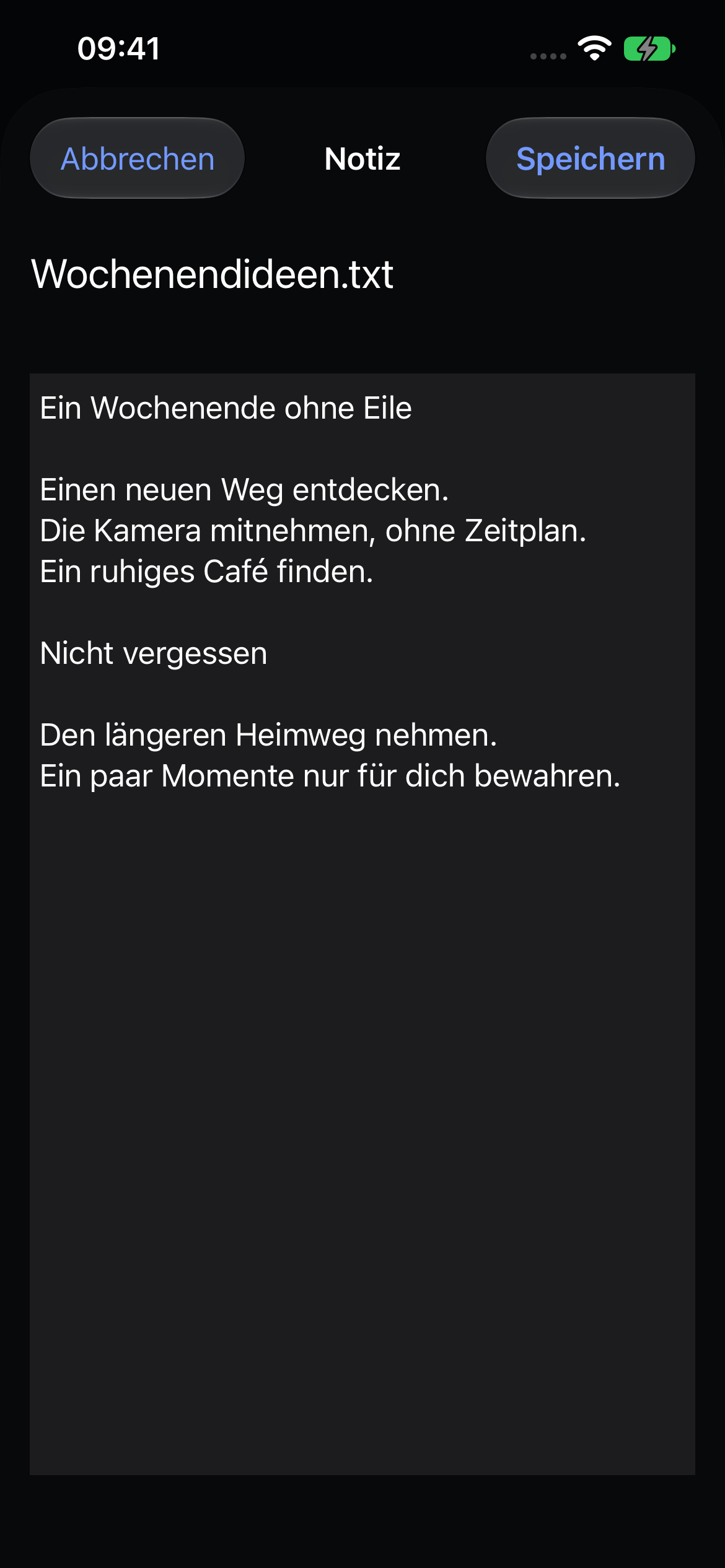 Der native Notizeditor von Veil mit einer Beispielnotiz.