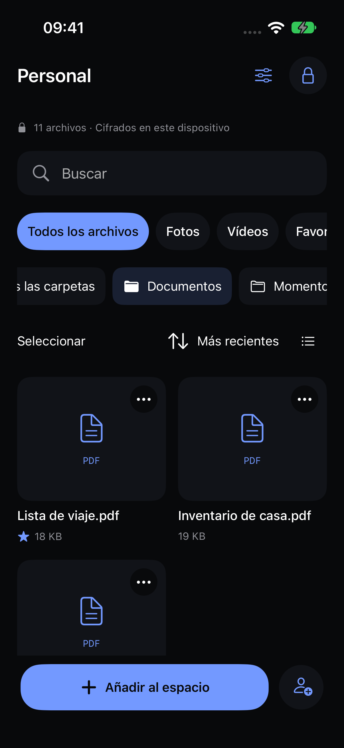 Carpeta nativa de documentos de Veil con PDFs de ejemplo.
