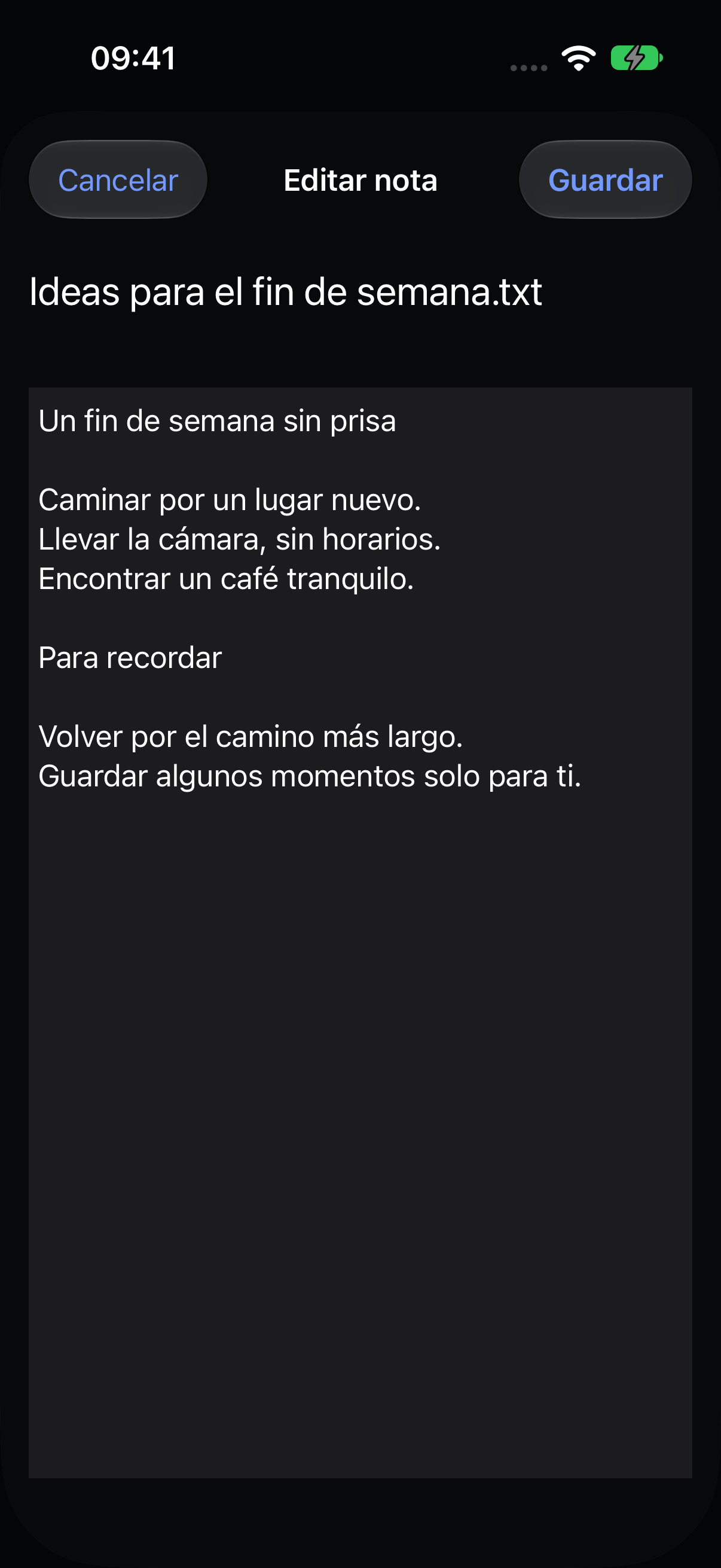 Editor nativo de notas de Veil con una nota de viaje de ejemplo.