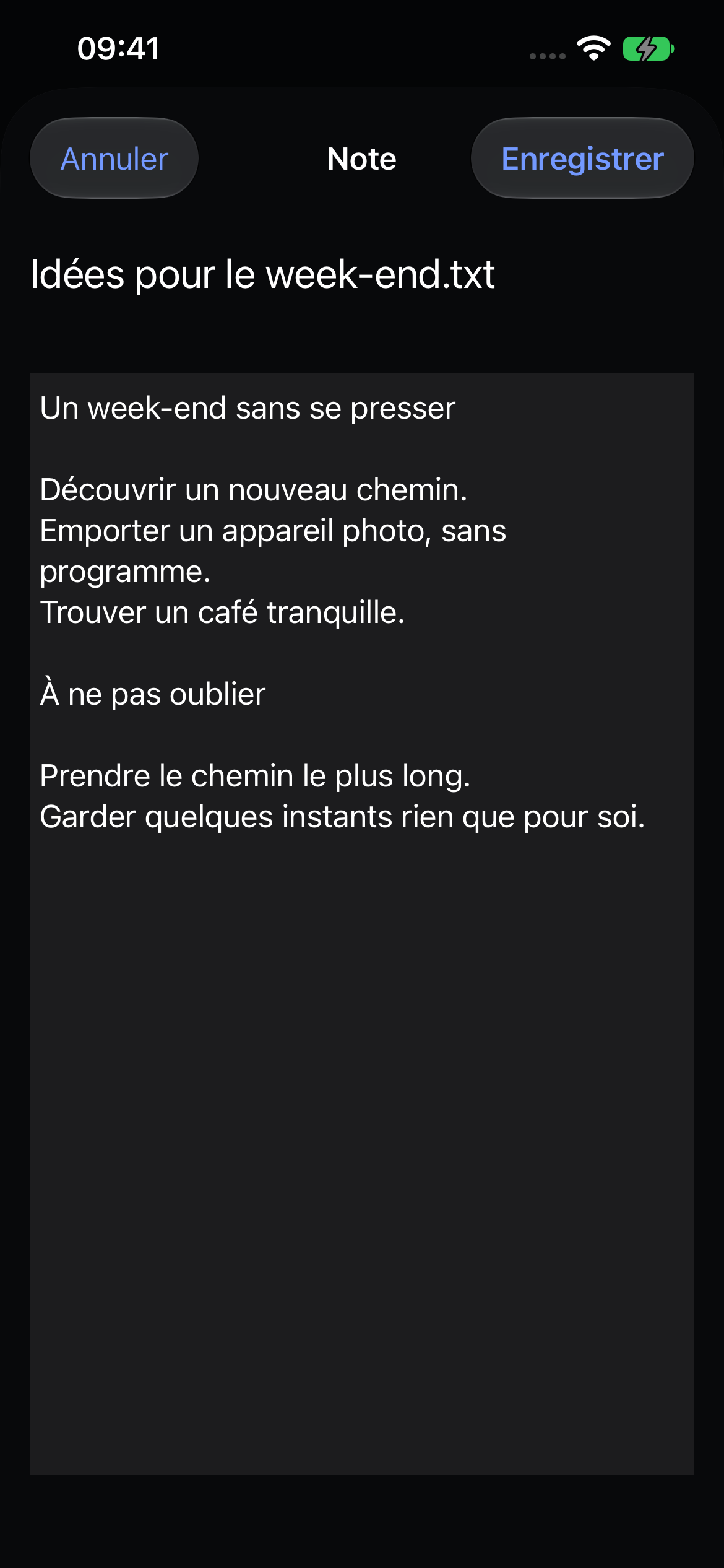 L’éditeur de notes natif de Veil avec une note de voyage d’exemple.