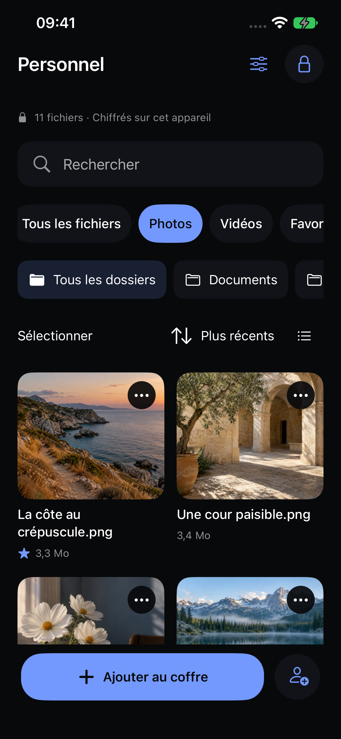 La photothèque native de Veil avec des photos de voyage d’exemple.