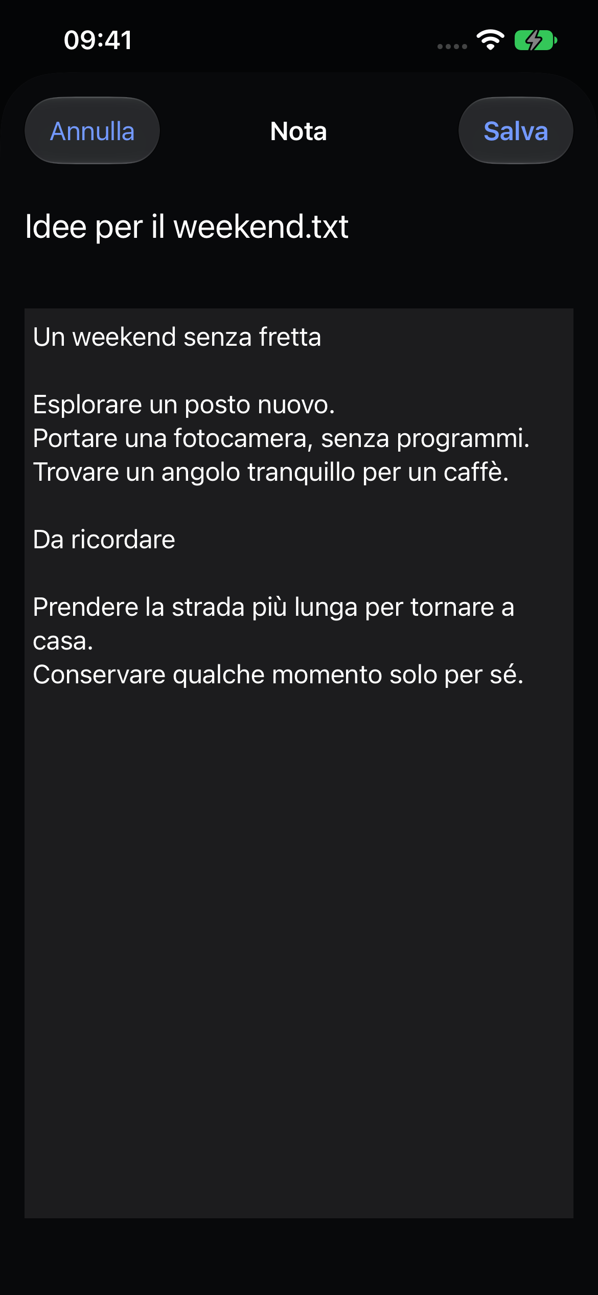 L’editor di note nativo di Veil con una nota di viaggio di esempio.