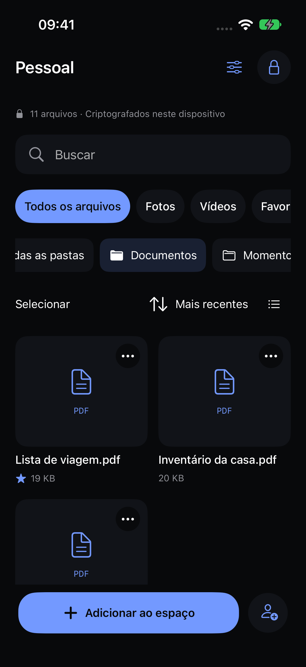 Pasta nativa de documentos do Veil com PDFs de exemplo.