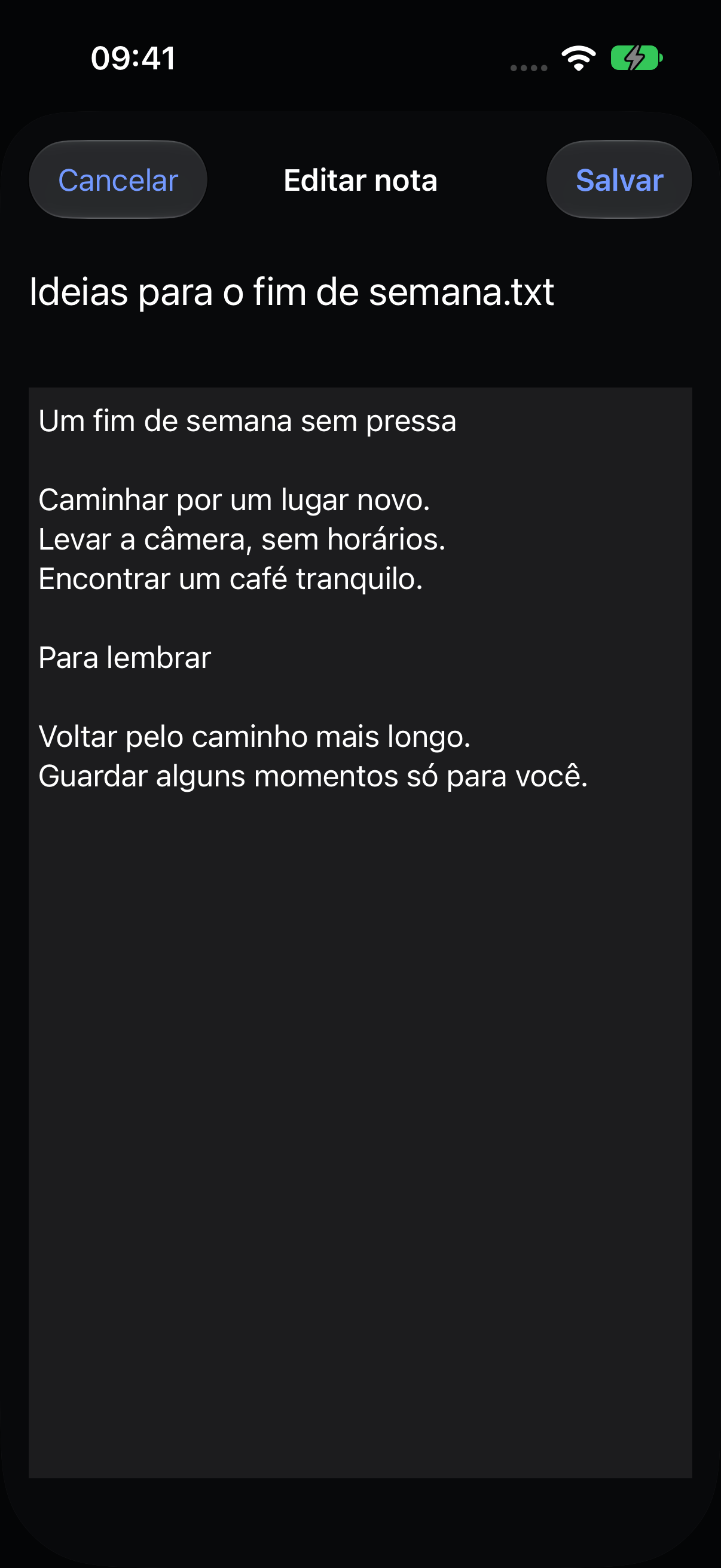 Editor nativo de notas do Veil com uma nota de viagem de exemplo.